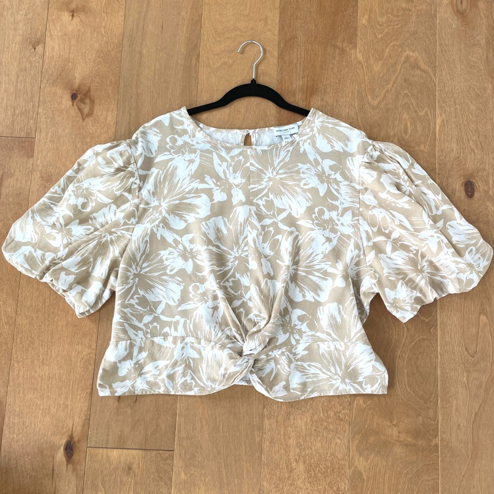 Marc New York Jeans Tan Floral Twist Front Puff Sleeve Blouse Top Large